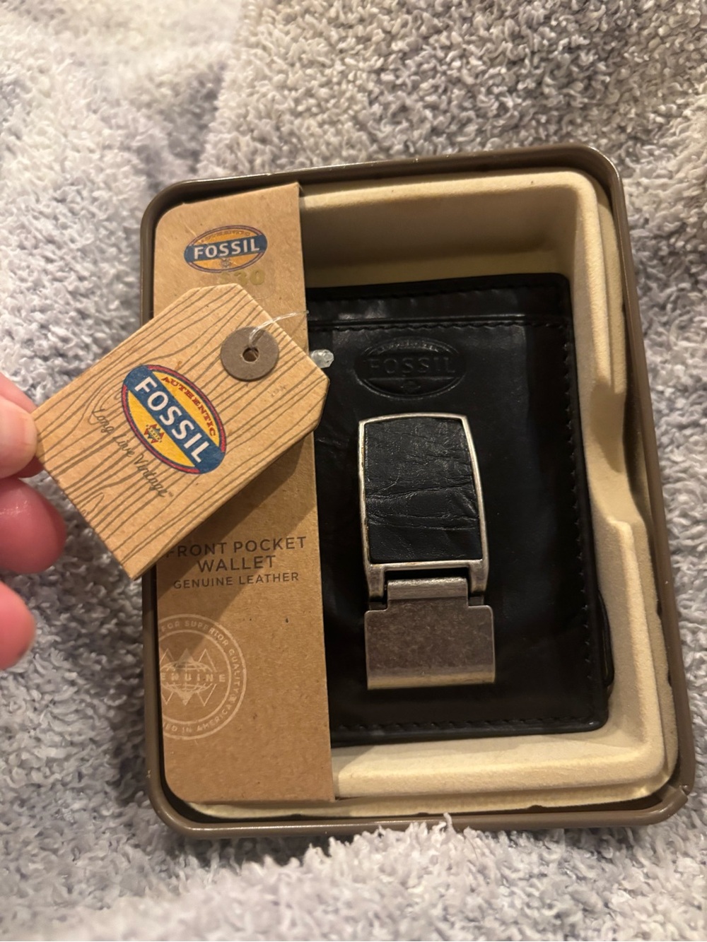 NWT Fossil Black Leather Front Pocket Wallet with Silver Money Clip